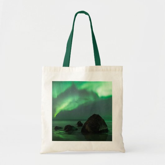 Aurora Borealis Lofoten Beach Norway Tote Bag (Voorkant)