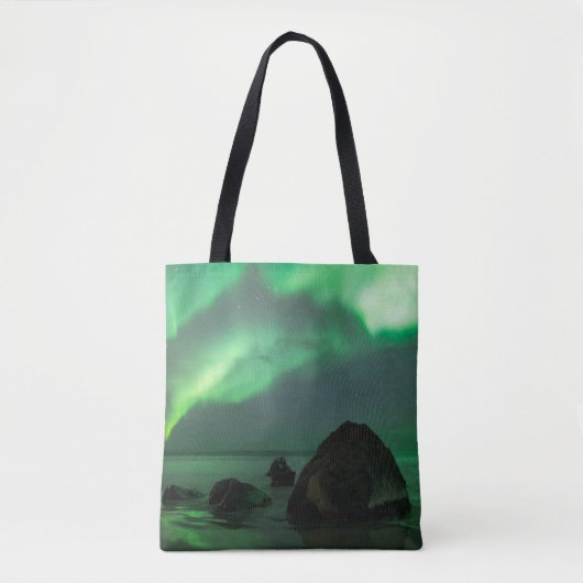 Aurora Borealis Lofoten Beach Norway Tote Bag (Voorkant)