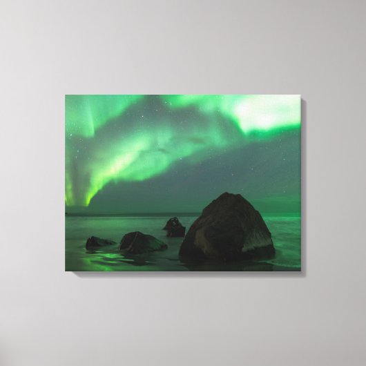 Aurora Borealis | Lofoten-strand Noorwegen Canvas Afdruk (Voorkant)