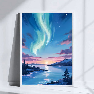 Aurora Borealis Meer Dromerig Nacht Landschap Poster
