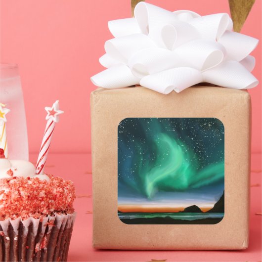 Aurora Borealis - Olie Schilderij Vierkante Sticker (Feest)
