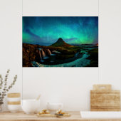 Aurora Borealis op Kirkjufall Mountain in IJsland Poster (Keuken)