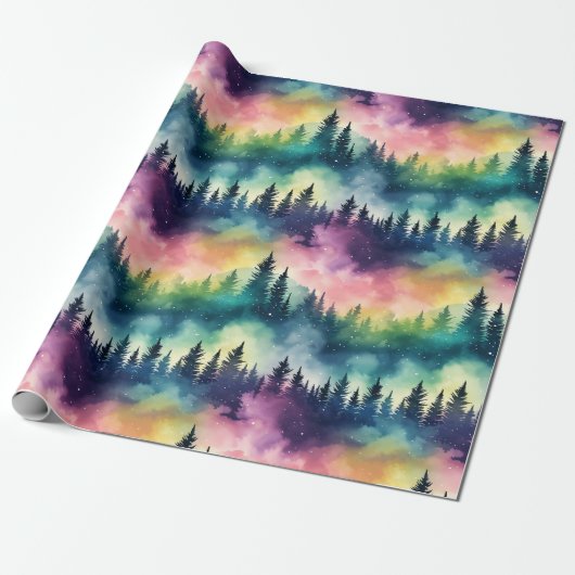 Aurora Borealis Pastel Pines Noorderlicht Cadeaupapier (Uitgerold)