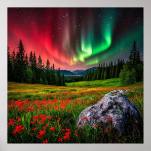 Aurora Borealis verlicht een schilderachtige weide Poster