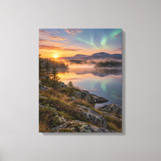 Aurora boven een nevelig Alpenmeer Canvas Afdruk
