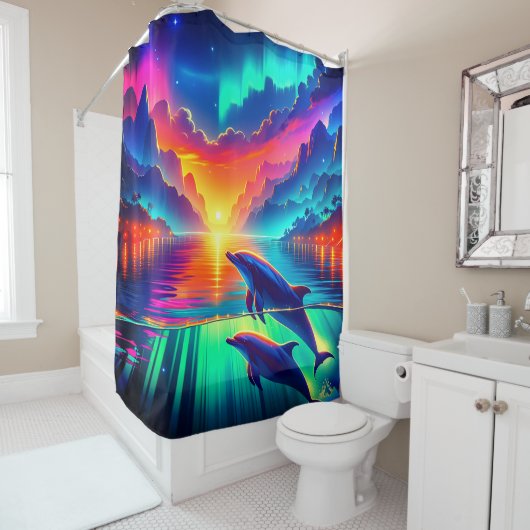 "Aurora Dolphin Sunset - Levendige oceaankunst" Douchegordijn (In situ)