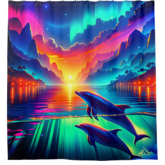 "Aurora Dolphin Sunset - Levendige oceaankunst" Douchegordijn