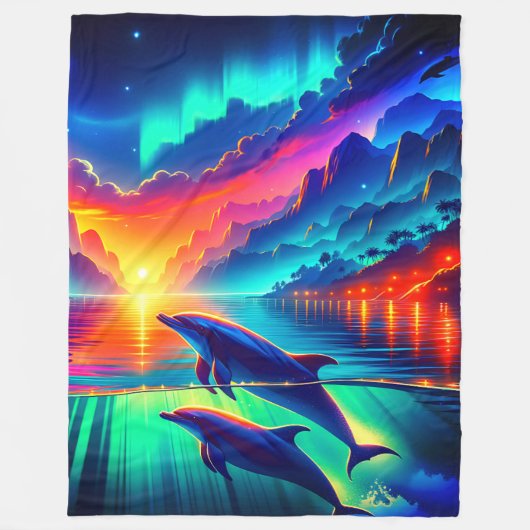 "Aurora Dolphin Sunset - Levendige oceaankunst" Fleece Deken (Voorkant)