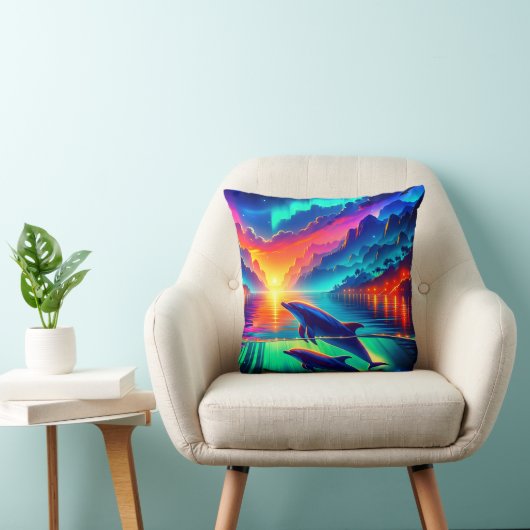 "Aurora Dolphin Sunset - Levendige oceaankunst" Kussen (Stoel)