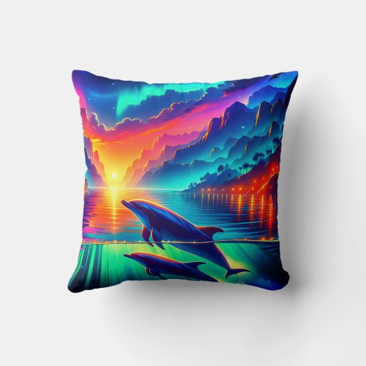 "Aurora Dolphin Sunset - Levendige oceaankunst" Kussen (Achterkant)