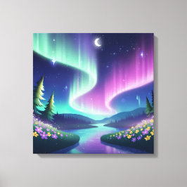 Aurora Dreams: Flowing River and Flower Field Canvas Afdruk