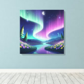Aurora Dreams: Flowing River and Flower Field Canvas Afdruk (Insitu (Houten vloer))