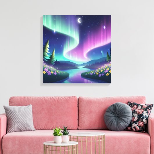 Aurora Dreams: Flowing River and Flower Field Canvas Afdruk (Insitu (Woonkamer))
