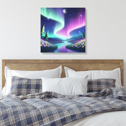 Aurora Dreams: Flowing River and Flower Field Canvas Afdruk (Insitu (Slaapkamer))