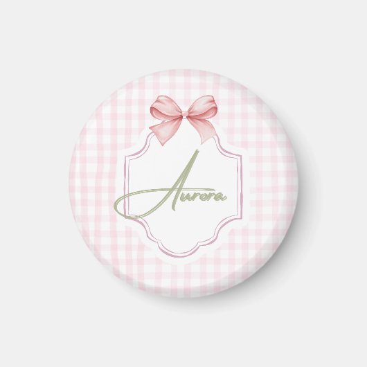 Aurora Gepersonaliseerde Roze Bow & Gingham Print Magneet (Voorkant)