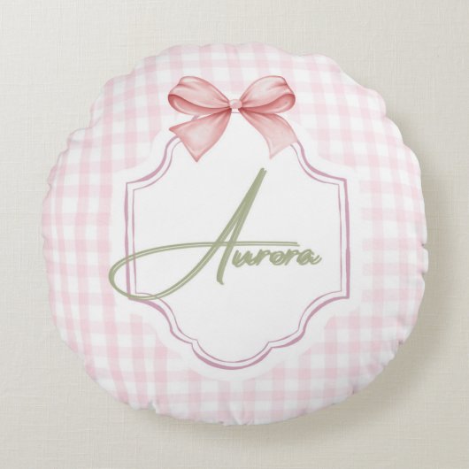 Aurora Gepersonaliseerde Roze Bow & Gingham Print Rond Kussen (Voorkant)