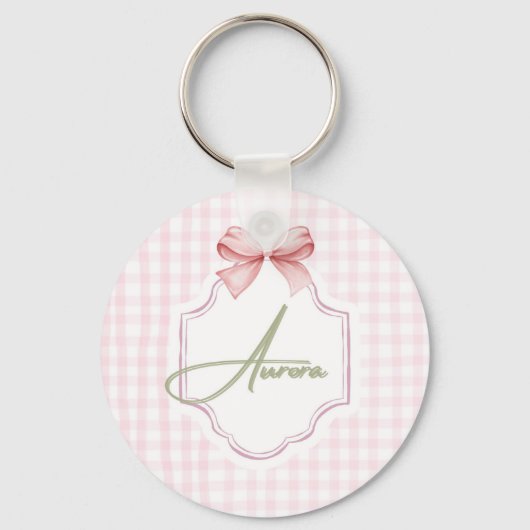 Aurora Gepersonaliseerde Roze Bow & Gingham Print Sleutelhanger (Voorkant)