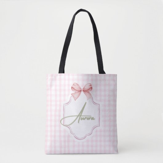 Aurora Gepersonaliseerde Roze Bow & Gingham Print Tote Bag (Voorkant)