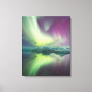 Aurora-lichten in lagune Jokulsarlon, IJsland Canvas Afdruk