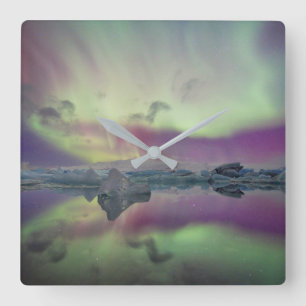 Aurora-Lichten Weerspiegelen Lagune   IJsland Vierkante Klok