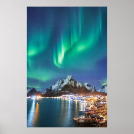 Aurora nacht op de brug naar Reine op Lofoten Poster
