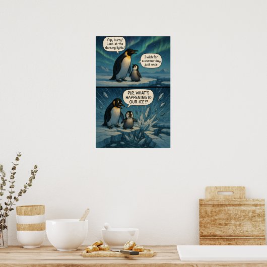 Aurora Penguins Comic - Grappige grap over klimaat Poster (Keuken)