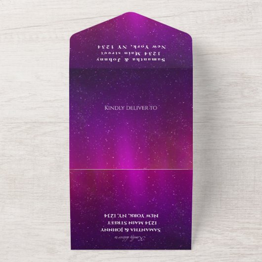 Aurora Sterrennacht Sterren Sky Bruiloft Paarse All In One Uitnodiging (Buitenkant)