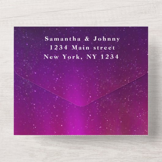 Aurora Sterrennacht Sterren Sky Bruiloft Paarse All In One Uitnodiging (Achterkant)