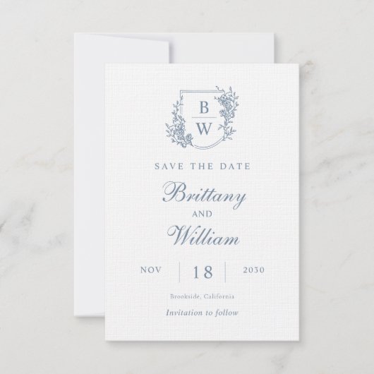 [AURORA]  stoffige blauwe kam monogram bruiloft Save The Date (Voorkant)