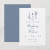 [AURORA]  stoffige blauwe kam monogram bruiloft Save The Date (Voorkant / Achterkant)