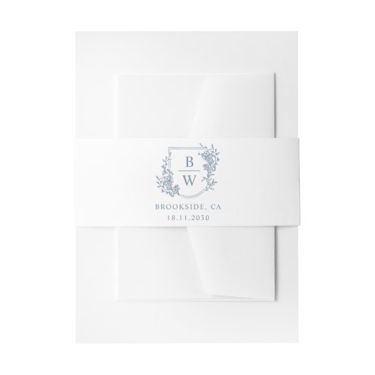 [AURORA]  stoffige blauwe kam monogram bruiloft Uitnodigingen Wikkel (Voorkant Voorbeeld)