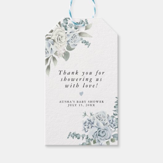 AUSHA Dusty Blue Floral Boy Baby shower Cadeaulabel (Voorkant)