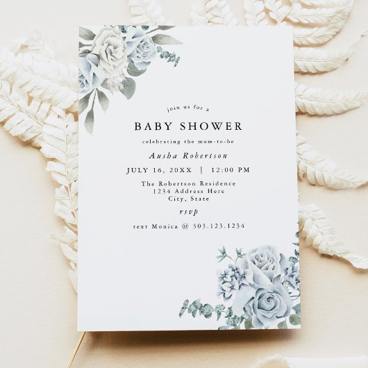 AUSHA Dusty Blue Floral Boy Baby shower Uitnodigin Kaart