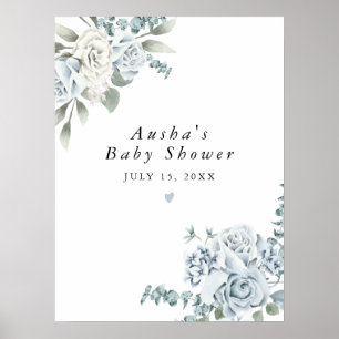 AUSHA Dusty Blue Floral Boy Baby shower Welkom Poster