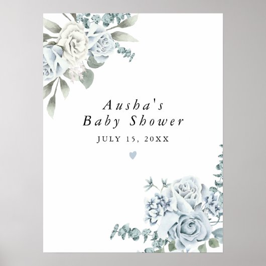 AUSHA Dusty Blue Floral Boy Baby shower Welkom Poster (Voorkant)
