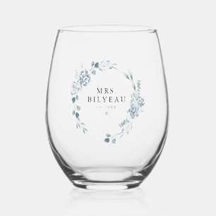 AUSHA Elegant Dusty Blue Floral Mrs Wedding Wijnglas Zonder Voet
