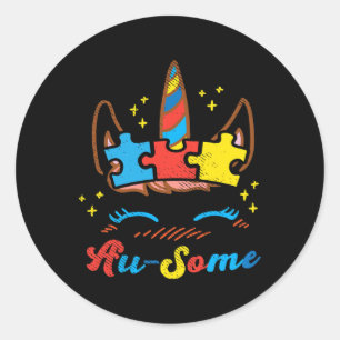 Ausome Eenhoorn Gezichtspuzzel Autisme Bewustzijn Ronde Sticker