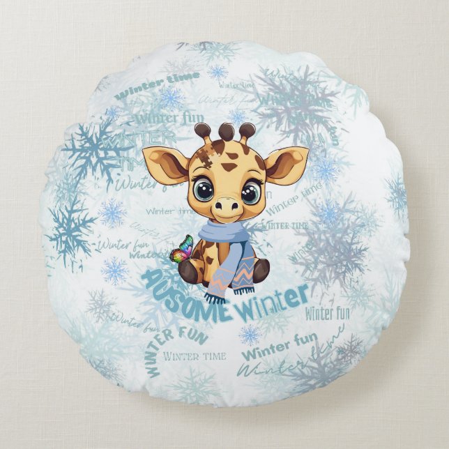 AUsome Winter Giraffe – Cute Autism Awareness Snow Rond Kussen (Voorkant)