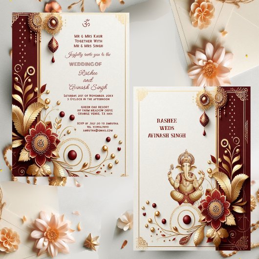 Auspicious Gold  Maroon Floral Motieven Indiaas Kaart