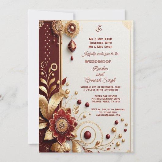 Auspicious Gold Maroon Floral Motieven Indiaas Kaart (Voorkant)
