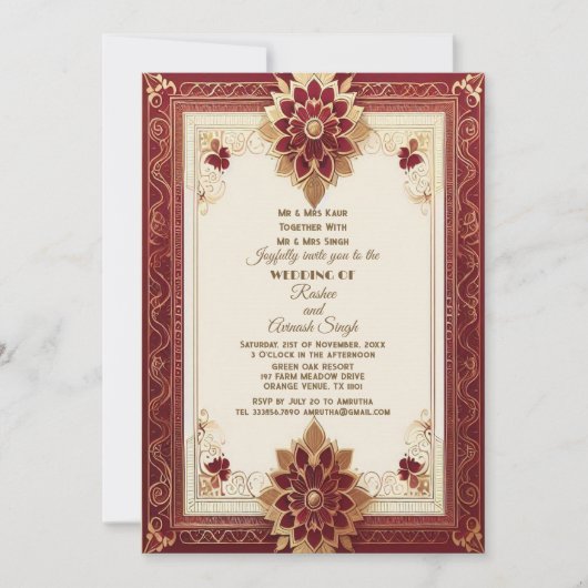 Auspicious Gold Ornate Floral Maroon Grand Indian Kaart (Voorkant)
