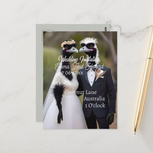 Aussie Bruiloft Australische Emus, Bruiloft Briefkaart (Voorkant / Achterkant in situ)