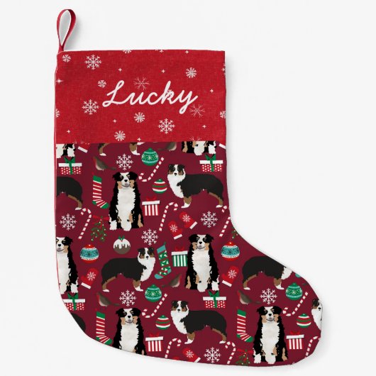 Aussie Dog Tricolored Name Stocking Kleine Kerstsok (Voorkant)
