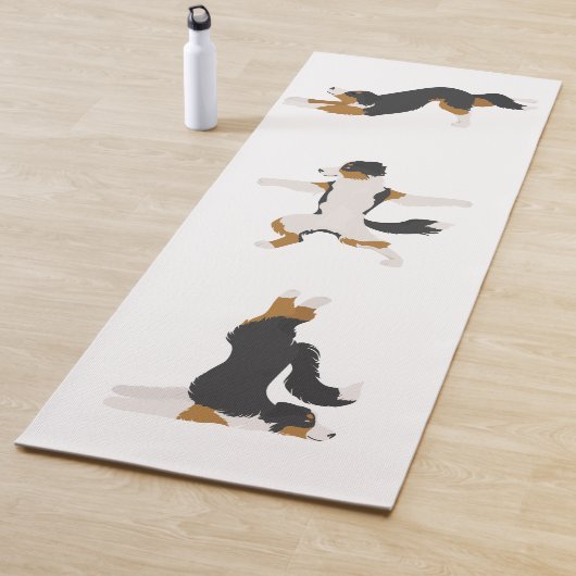 Aussie driekleur. Australian Shepherd hond yoga Yogamat (In situ)
