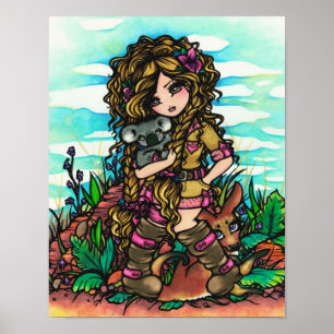 Aussie Girl Koala Kangaroo Art Australia Outback Poster