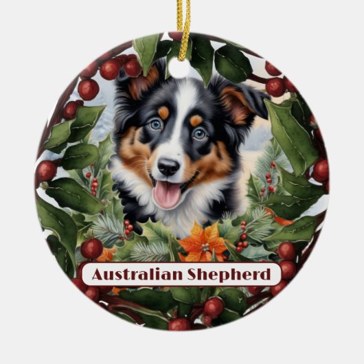 Aussie Pup Ornament, Personaliseer Puppy Christmas Keramisch Ornament (Voorkant)