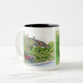 Austin 7 buiten dat huisje tweekleurige koffiemok (Voorkant links)