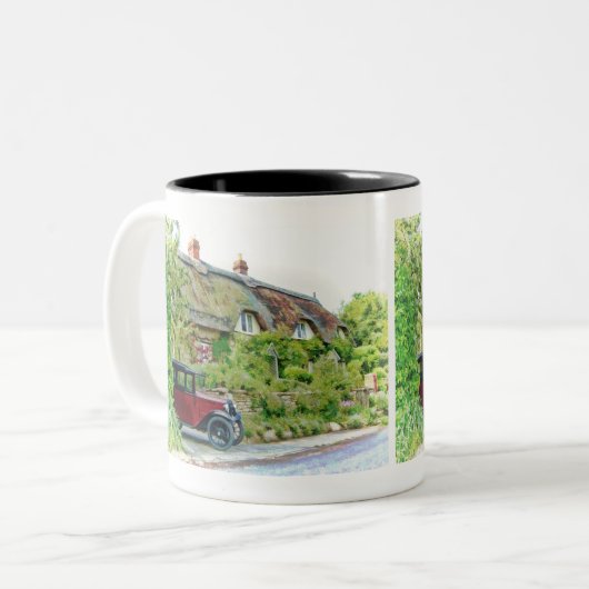 Austin 7 buiten dat huisje tweekleurige koffiemok (Voorkant links)