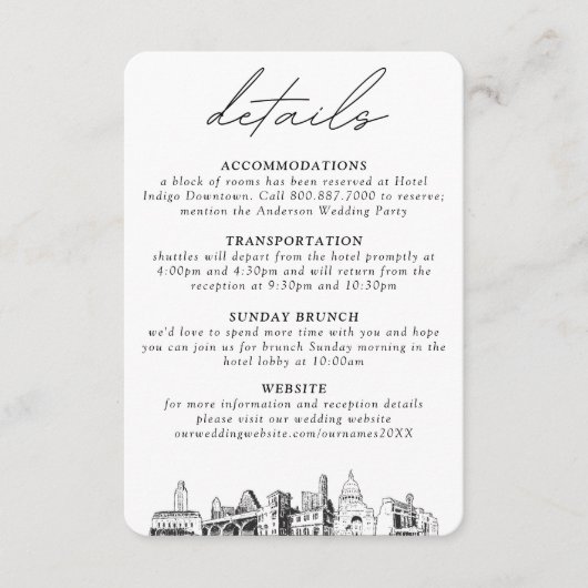 Austin bruiloft kleine verticale details informatiekaartje (Voorkant)