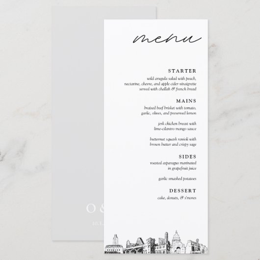 Austin Bruiloft Receptie Diner Menu (Voorkant / Achterkant)
